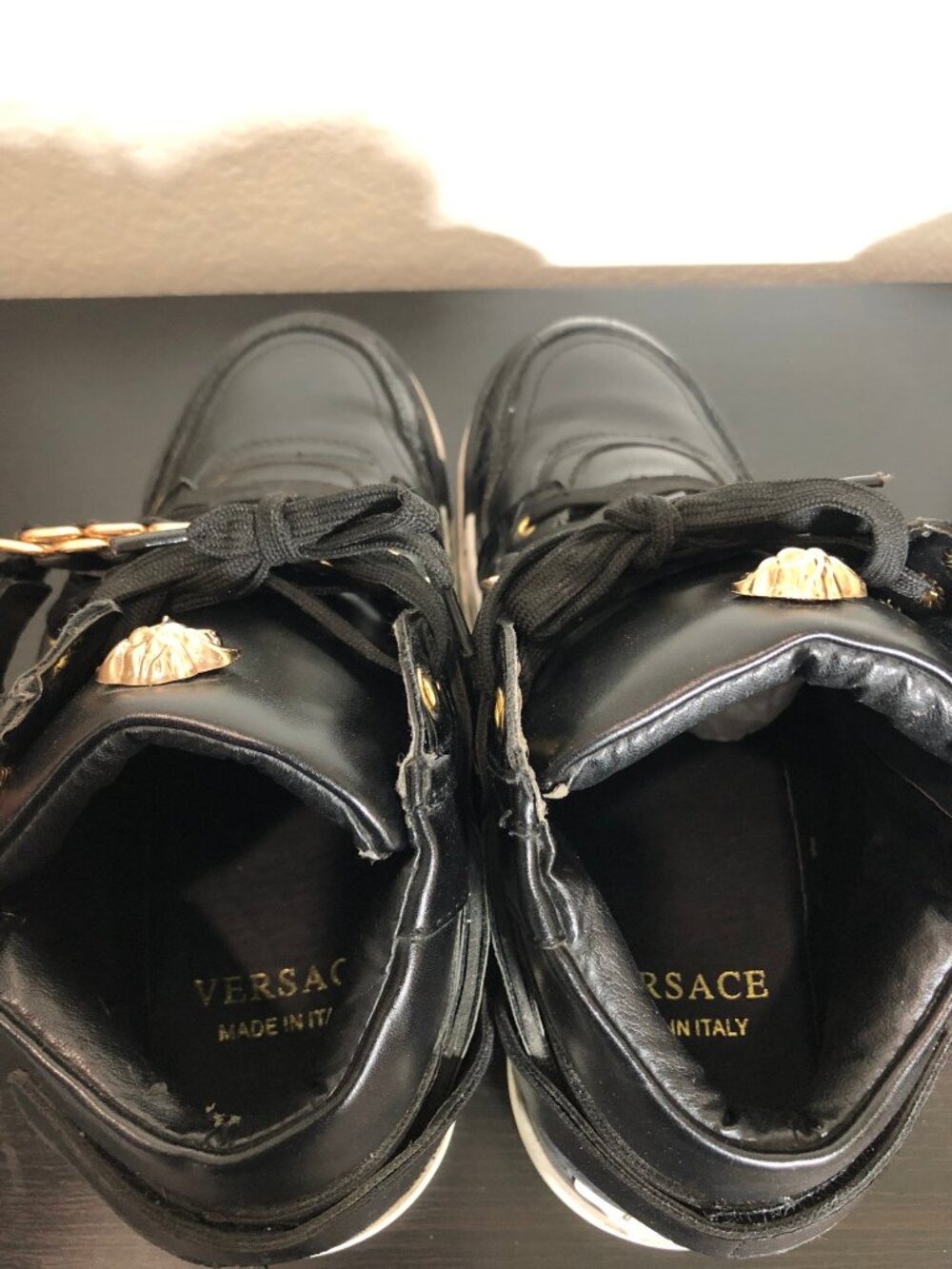 Versace Medusa High Top Sneakers – Black Leather Gold Hardware – Men’s Size 44 - Picture 14 of 14